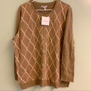 2X beige and pink argyle cardigan NWT